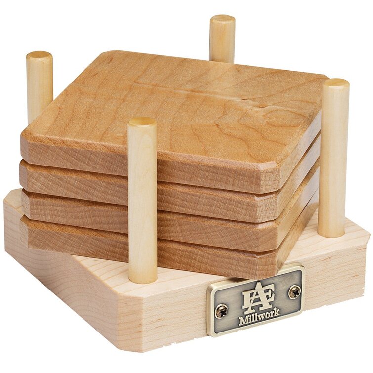 Wood Square 4 Piece Coaster Set With Holder